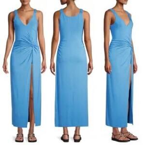 Rebecca Taylor Sleeveless Midi Dress L French Blue Modal Twist Front Slit $345